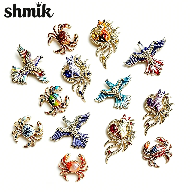 Vintage Animal Brooch Enamel Crystal Rhinestone Fox Cat Crab Bird Pin Luxury Gold Plated Lapel Badge for Women Coat Jewelry Gift