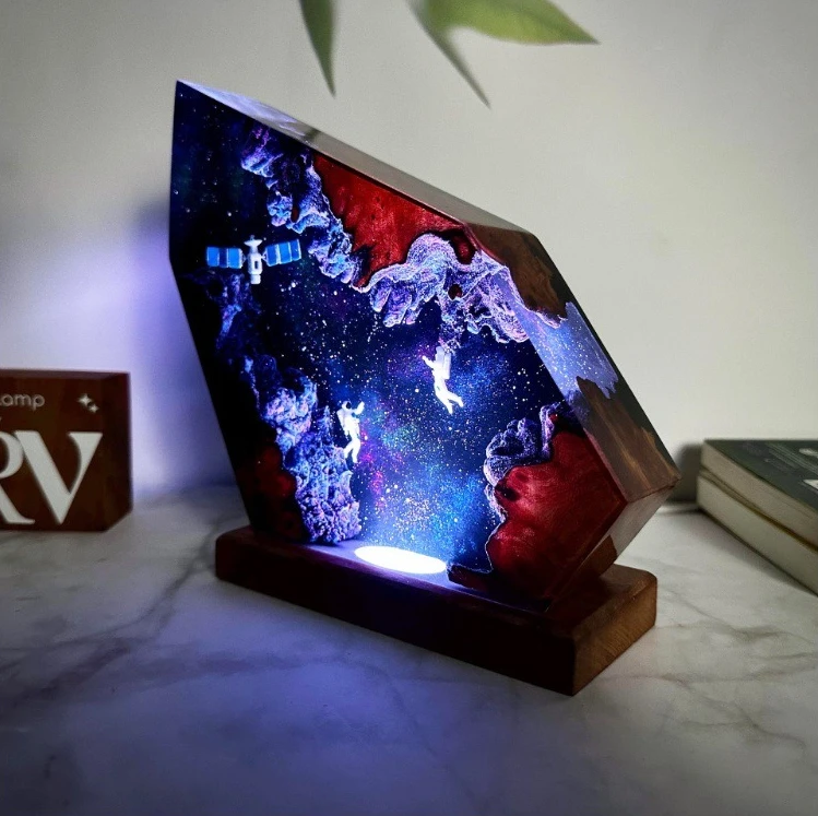 Creative Astronaut Satellite Epoxy Resin Space Night Light Ornament Space Night Sky Interstellar Wooden Light Handicraft Gift