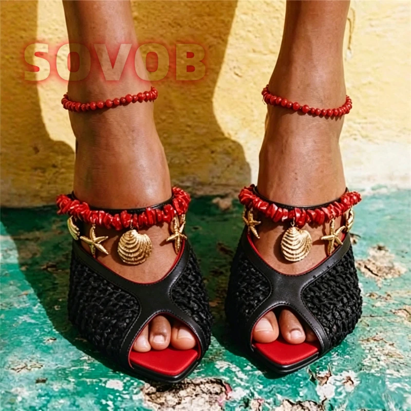 Women Summer Hollow Mesh Mules, Luxury Female Slide Sandals with Gold Seashell Charms, Block High Heel Slip On Beach Slippers
