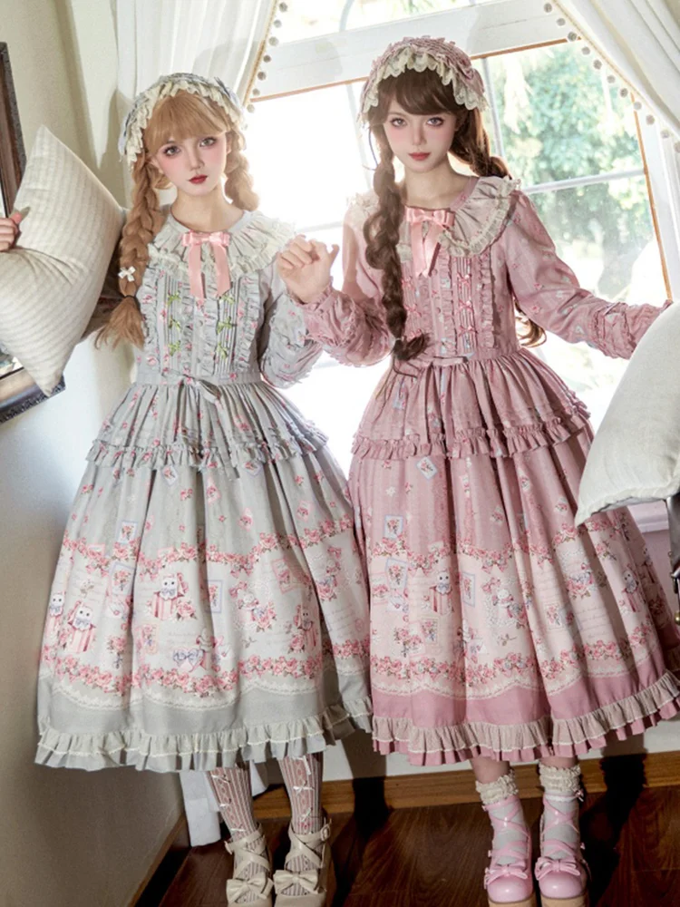 

Милое платье Лолита с длинными рукавами и цветочным принтом, элегантное японское платье в стиле принцессы Лолита, платье для студенток на чаепитие