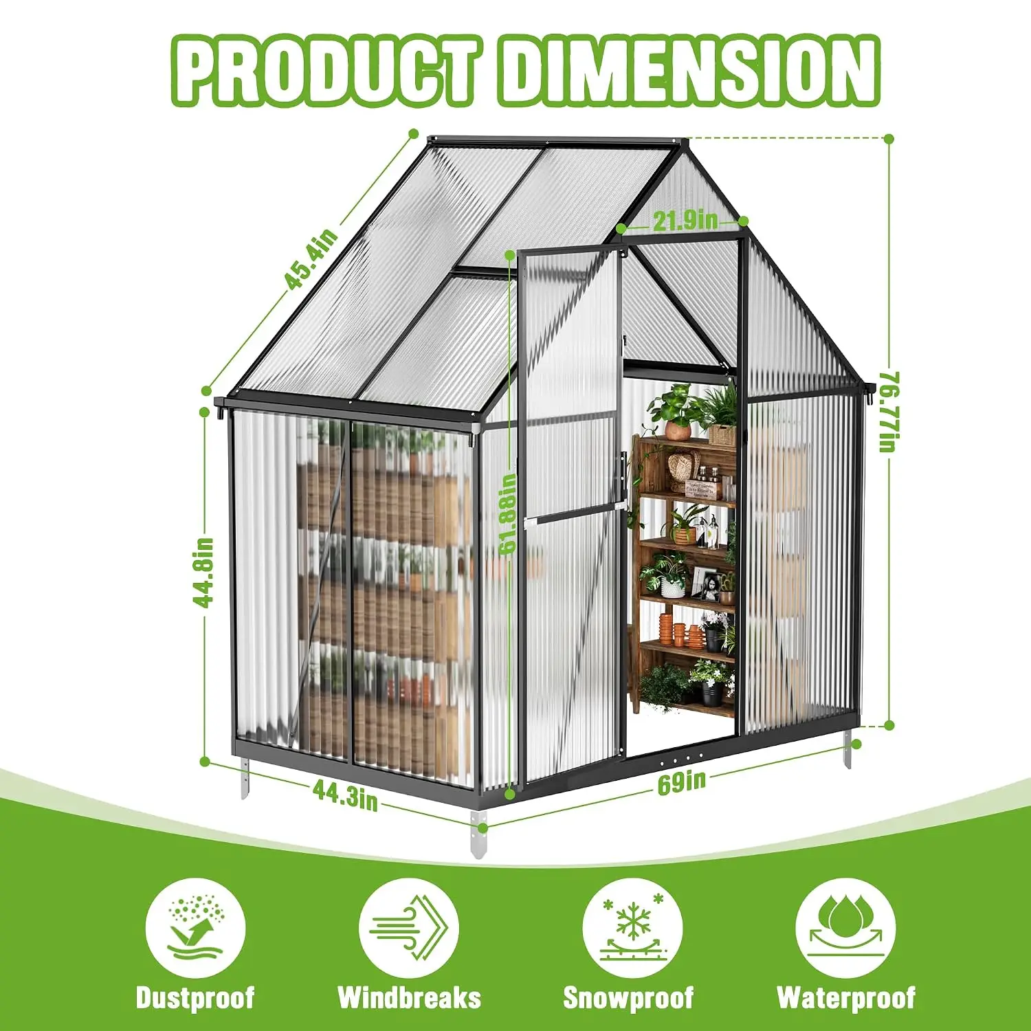6x4FT Polycarbonate Greenhouse with Roof Vent, Aluminum Frame Walk-In Green House, Outdoor Garden Plant Growing Shelter