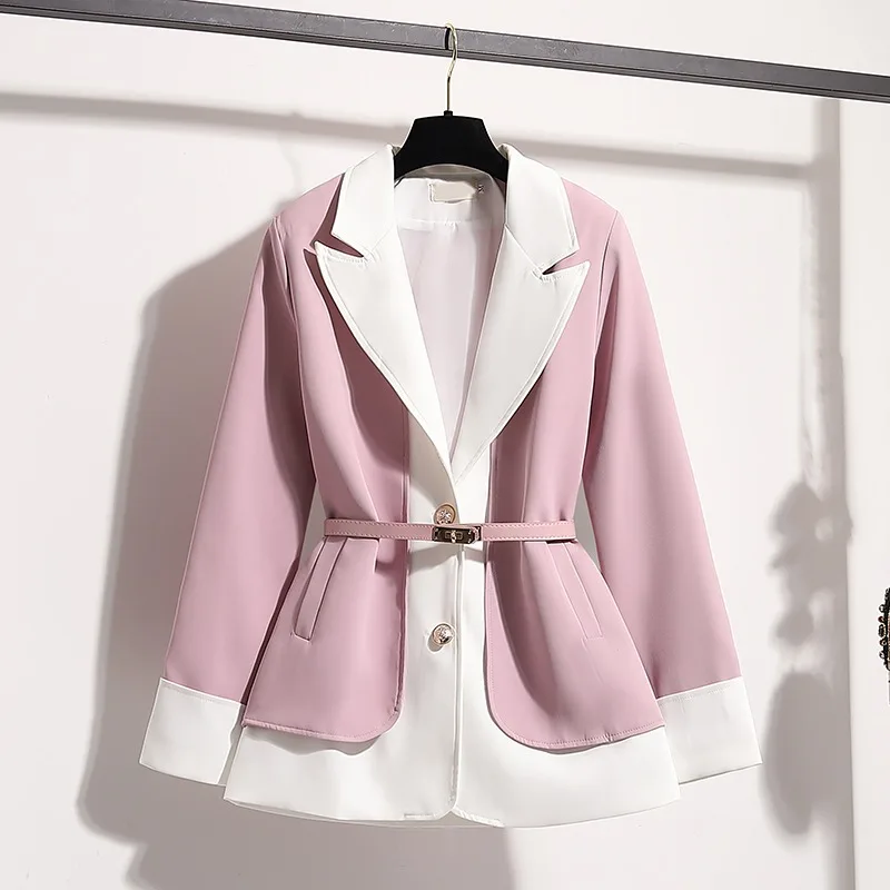 

UNXX Autumn Stitching Contrast Color Fake 2-piece Suit Jacket French Style High-end Fashion All-match Mid-length Blazer Women