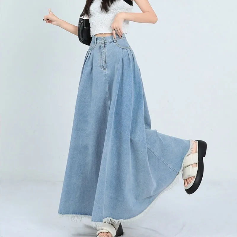 Fashion Tassel Hem Denim Long Skirts Womens Summer Vintage A- Line Maxi Jeans Skirt High Waist Women Long Skirt Korean - view 5