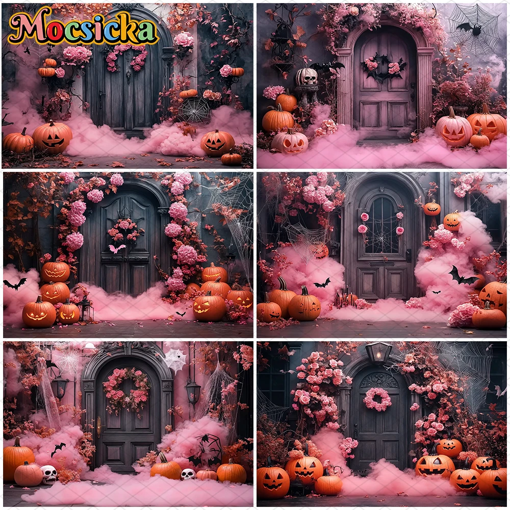 

Mocsicka Halloween Photography Background Wood Door Pink Flowers Rose Bat Spider Web Autumn Pumpkin Party Decors Photo Backdrops