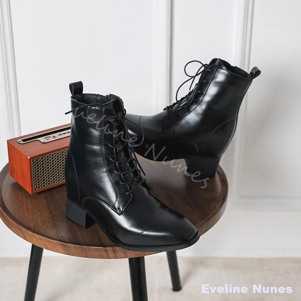 Black Hidden Wedge Ankle Boots Women 13.5Cm Internal Height Up Square Toe Lace Up Pu Leather Block Heel Inner Elevator Cos Boots