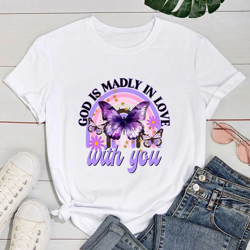 

(Футболка премиум-класса) милая весенняя одежда с надписью God Is Madly In Love With You Butterfly Trend Style, женская летняя женская одежда с принтом