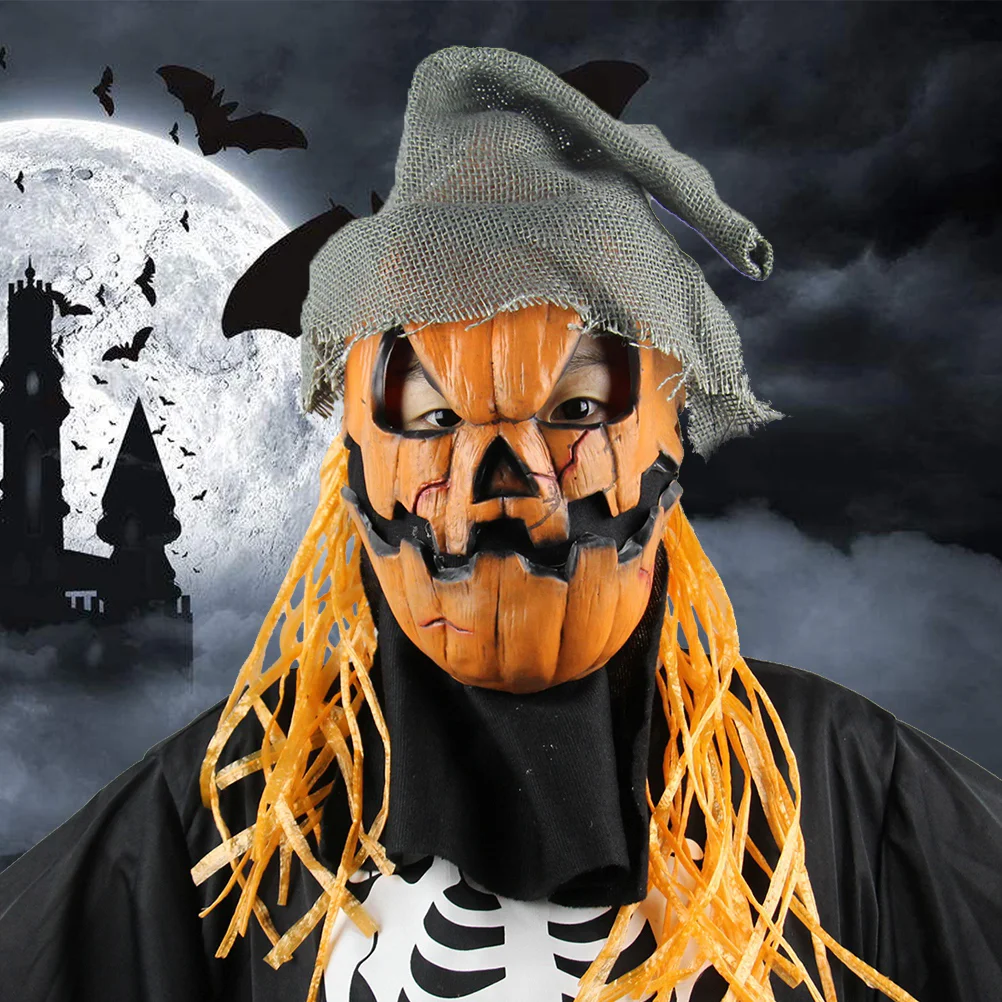 Creepy Novelty Halloween Costume Party Props Pumpkin Scarecrow Head with Hat (Orange) pumpkin halloween