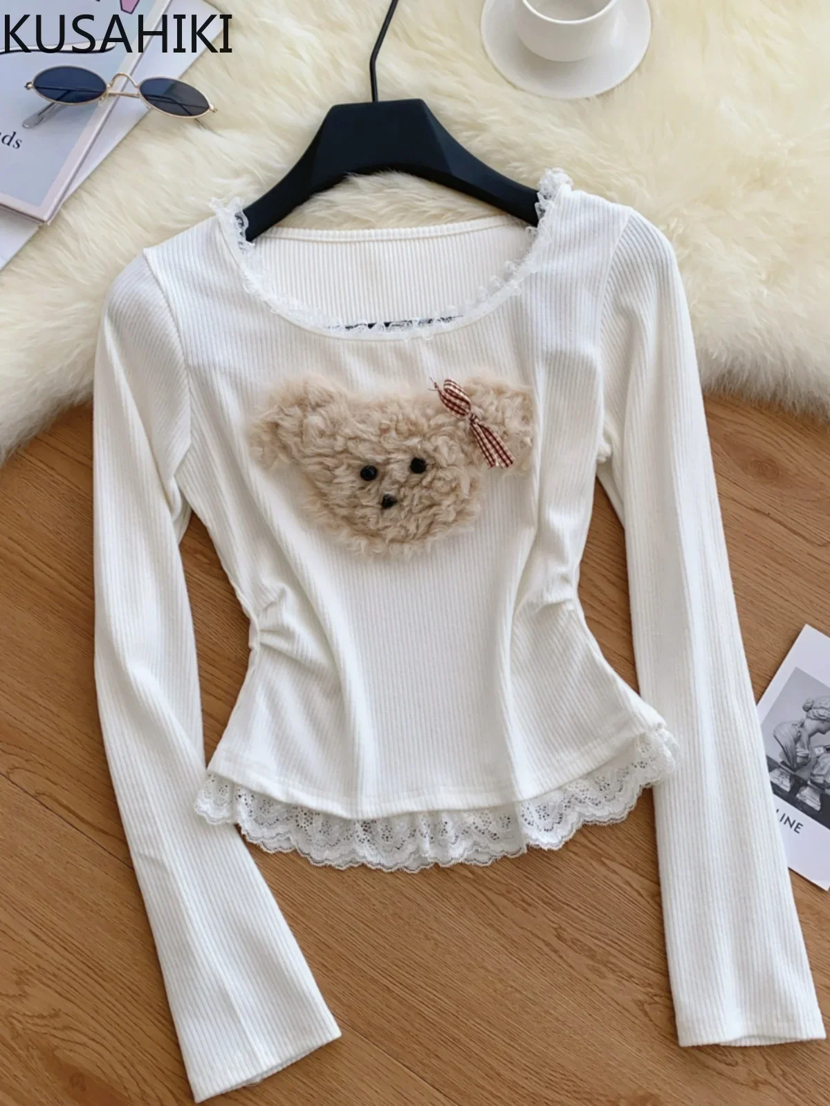 

KUSAHIKI Long Sleeve Knitted Shirt for WomenAutumn Winter with Lace Splicing Design Spicy Girl Bottom Shirt Top