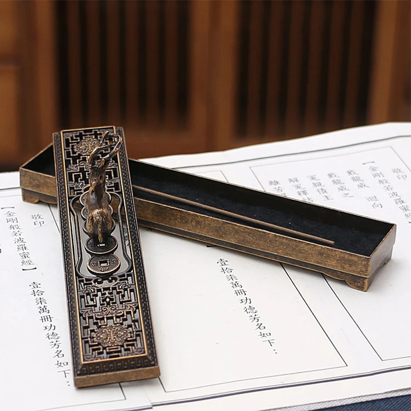 Retro Bronze Home Office Incense Holder Incense Burner Traditional Chinese Type Electroplated Metal Antique Carving Censer Box