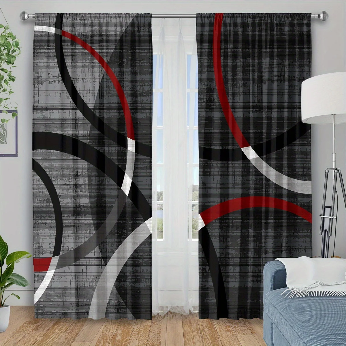 Modern Geometric Curve Theme Curtain 2 Panels Worn Grey Base Red Black White Ring Line Print Window Curtain Industrial Home