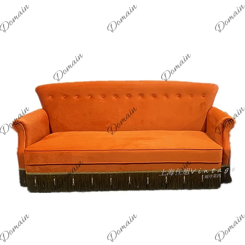 Orange Velvet Sofa 3-Seater Olive Green Designer Fringe Accent Chair Retro Furniture