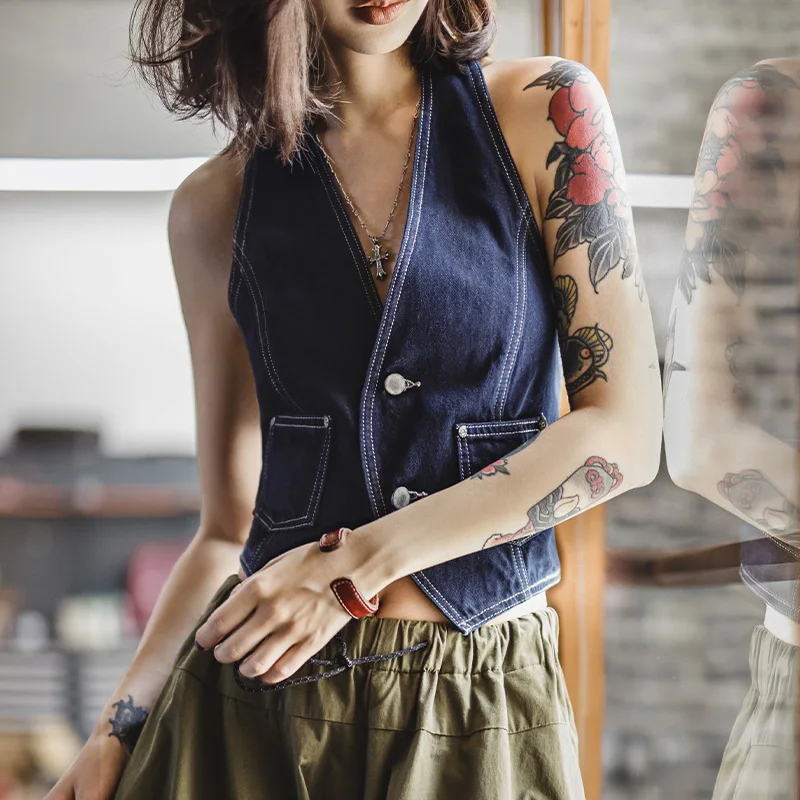 Maden Women's Vintage Heavyweight Denim Vest V-Neck Sleeveless Strapless Blue Tank Tops Y2K Backless Sexy Summer Layering Piece