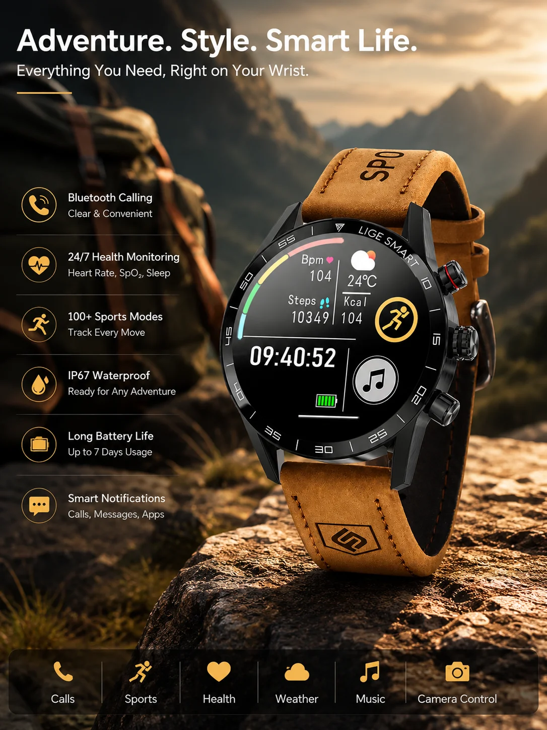 LIGE Neue Sport-Smartwatch für Herren, 1,39 Zoll HD-Bildschirm, Herzfrequenz- und Blutsauerstoffmessung, Bluetooth-Anruf, IP67 wasserdicht, Outdoor-Smartwatch