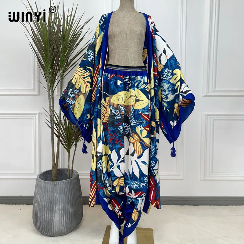 2022 winyi zweiteiligen Anzug Boho gedruckt Kimonos Verano Fledermaus Ärmel Sukienka Frauen elastische boden lange neue Mode Flut