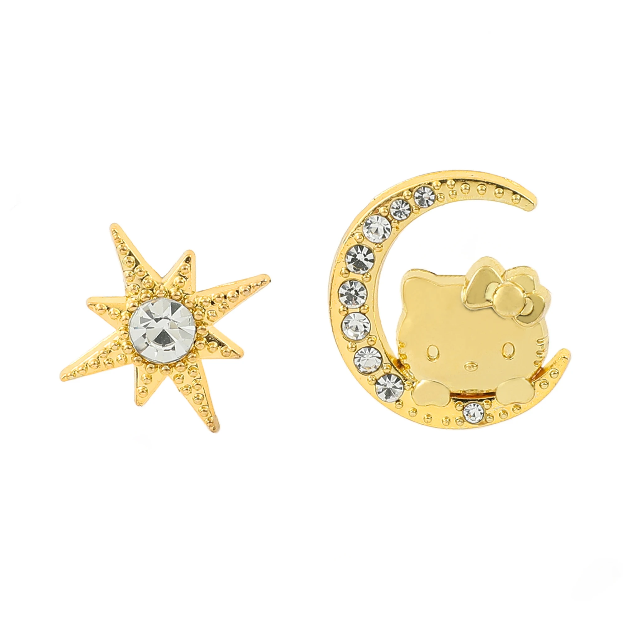 Sanrio Cartoon Hello Kitty Earrings Bow and Gold Irregular Moon Stud Earrings