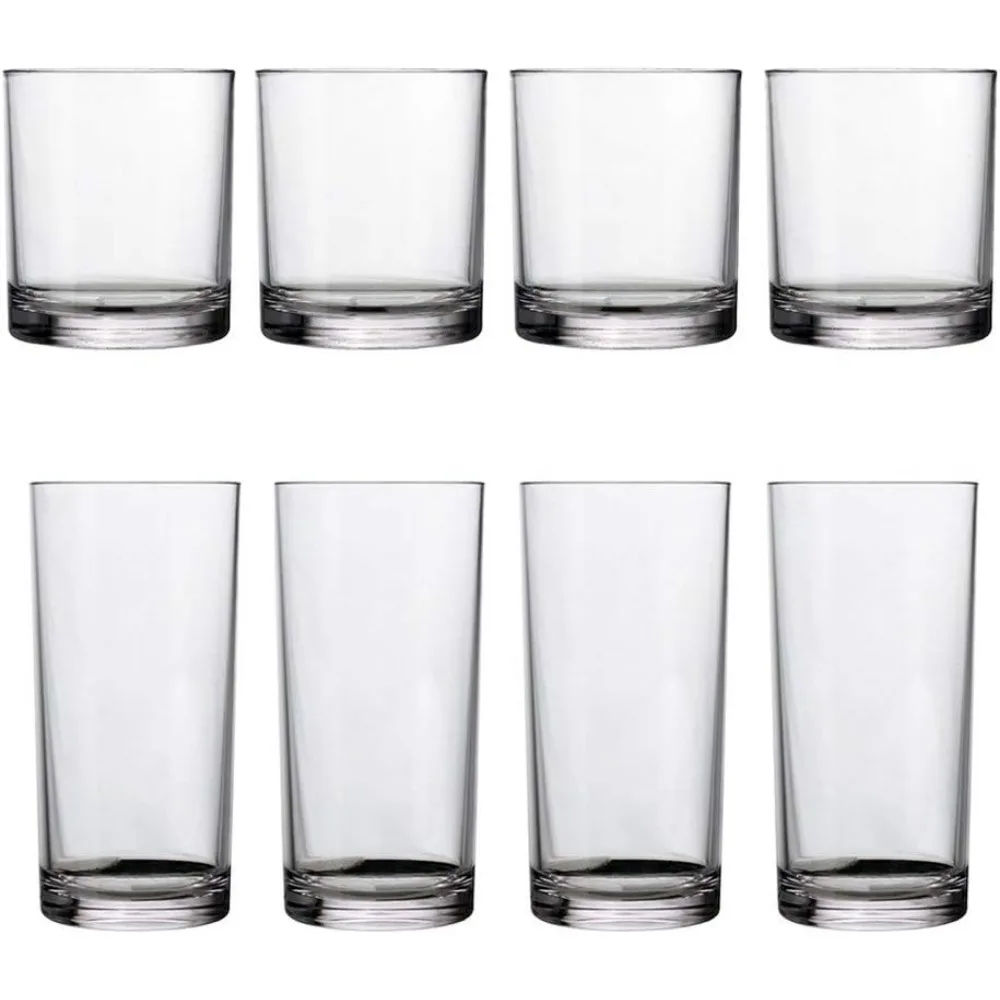 

Classic Clear Plastic Reusable Drinking Glasses (Set of 8) 12oz Rocks & 16oz Water Cups | BPA-Free Tumblers, Made in USA | Top-R