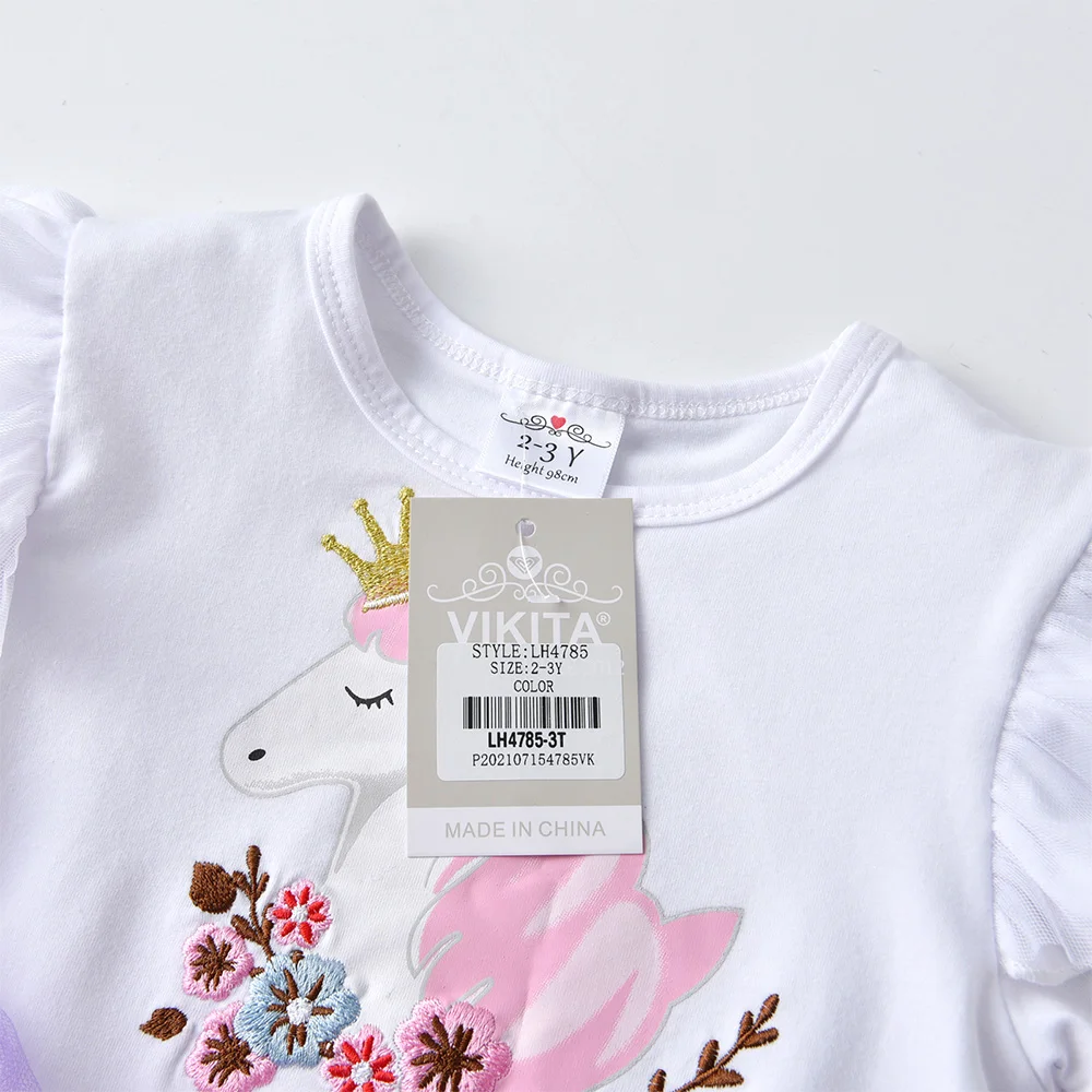 VIKITA Kinder Langarm Herbst Frühling Kleid Mädchen Licorne Blumendruck Cartoon Kleid Mädchen Unregelmäßige Mesh Tüll Prinzessin Kleider – Detail 4