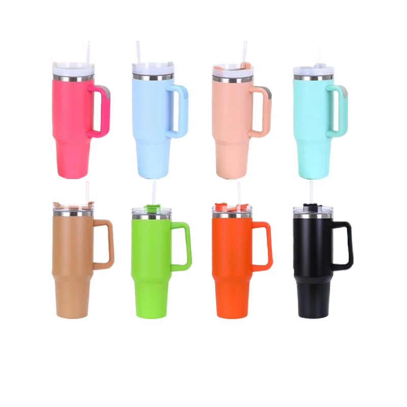 Car Mug Handle Stainless Steel Water Bottle Straw Mug 40oz Outdoor Sports Camping Travel Mug Coffee Cups