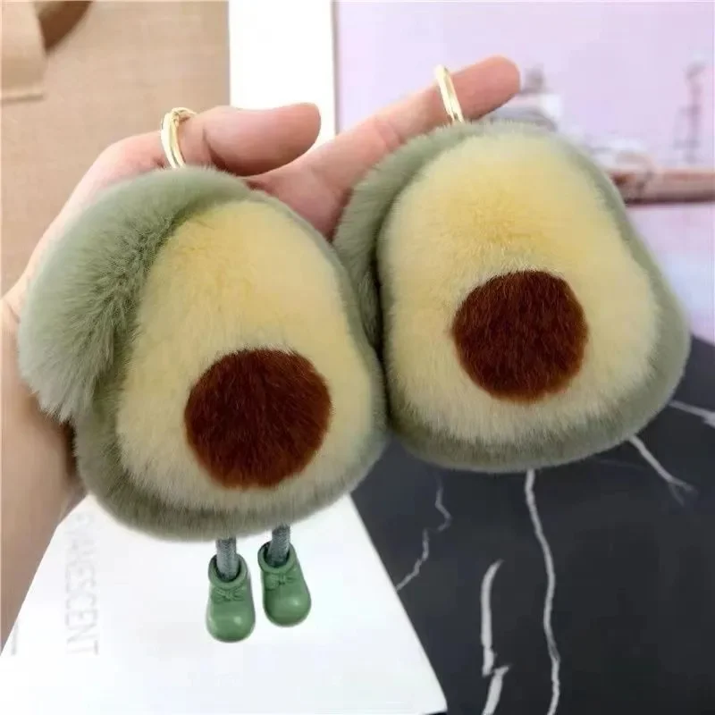 Luxury Fluffy Mink Fur Avocado Shaped Keychains Women Pompom Fruit Key Ring on Bag Car Key Chain Jewelry New Year Gift