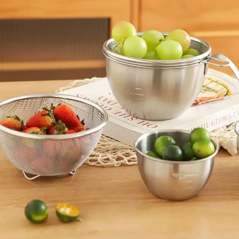 14cm Stainless Steel Microporous Colander and Mixing Bowl Kitchen Food Strainers Set for Washing Pasta Rice Vegetables Fruit
