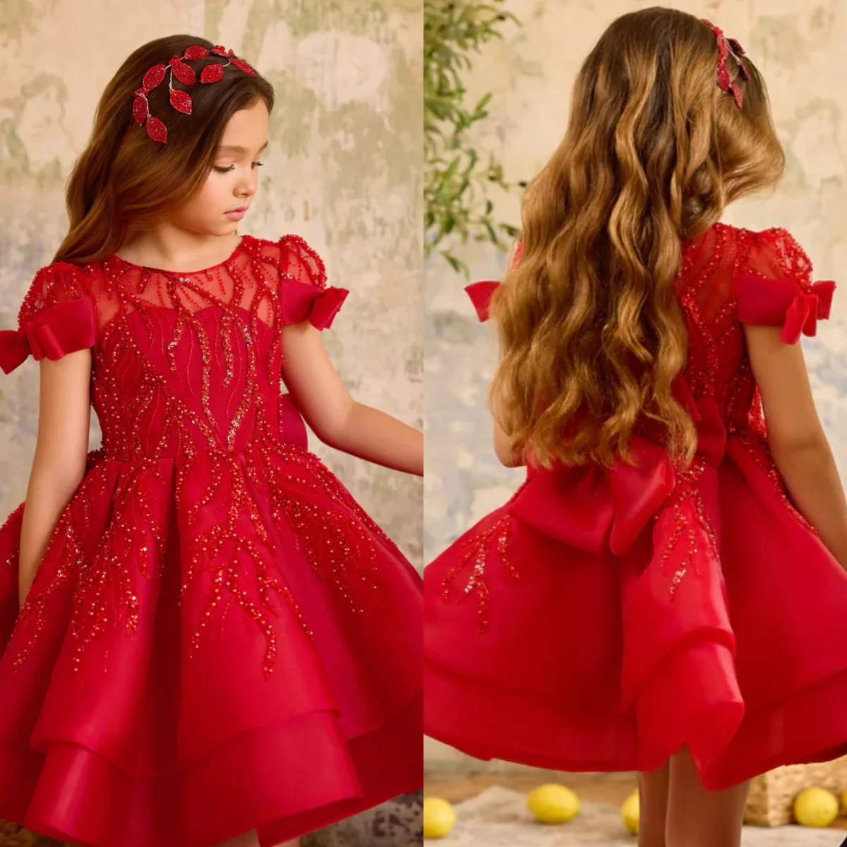 

Customized Red Flower Girl Dress For Wedding Puffy Beaded Bow Back Kids Birthday Gowns First Communion Dress