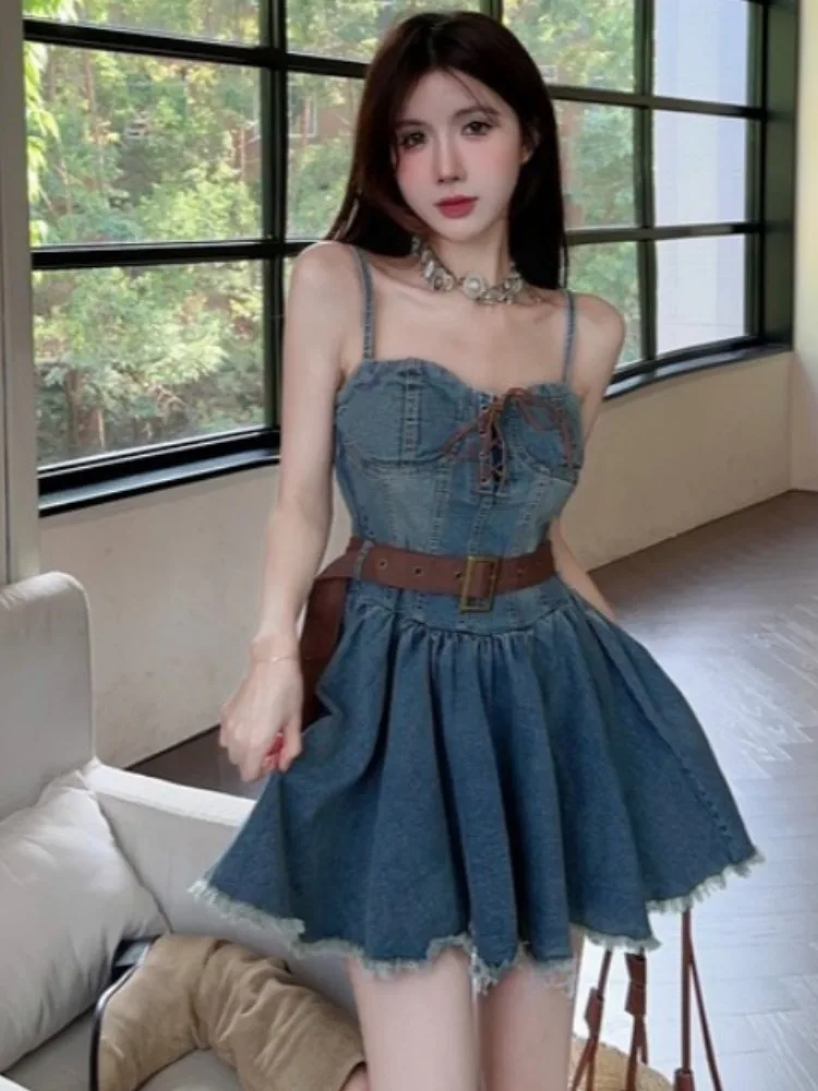 

Летняя винтажная джинсовая женская модная универсальная сексуальная плиссированная пышная юбка с завязками на талии в Корейском стиле