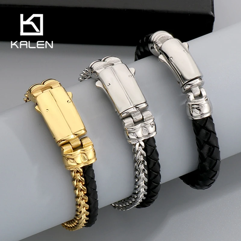 KALEN Personalized Stainless Steel Double Chain Men's Bracelet Punk Cowhide Accessories Gift Male Charm Jewelry