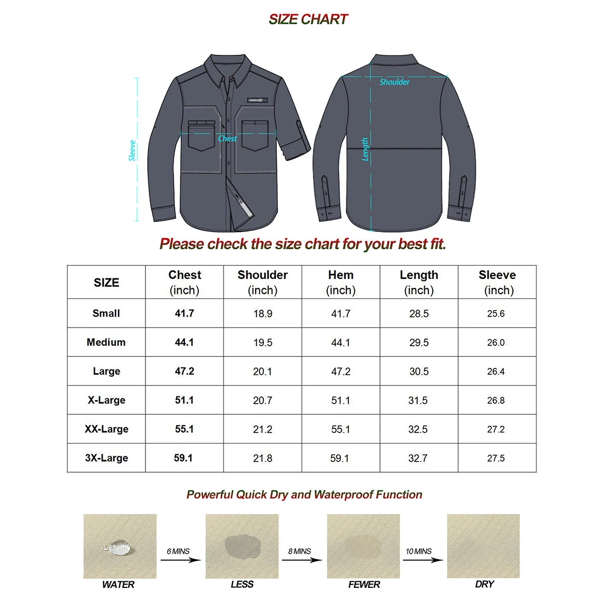 Men\'s UPF 50+ Long Sleeve Fishing Shirts Sun Protection Breathable Hiking Work Shirt Casual Button Down Shirt with Zipper Pocket