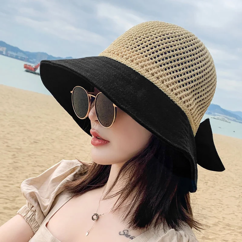 

Women Summer Weave Fisherman Hats Breathable Female Sunshade Wide Visor Outdoor Beach Ladies Travel Sun Hat Foldable Cap H136