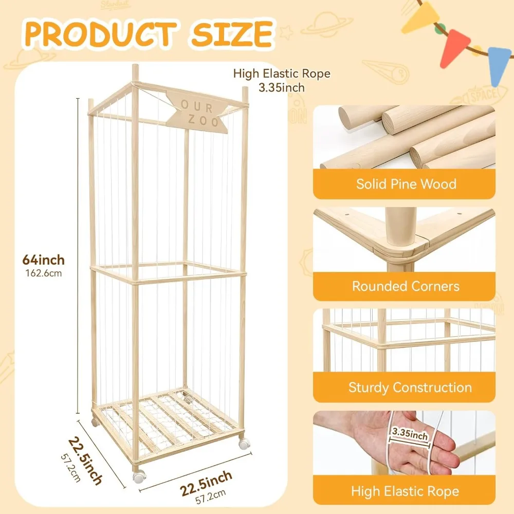 تخزين حديقة الحيوان الخشبية المتدحرجة للألعاب القطيفة الكبيرة والحيوانات المحشوة
