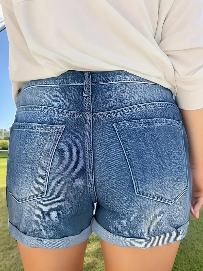 Ladies' Stretch Denim Shorts Street Style Fringed Edges High Waist Comfortable Super Shorts Versatile  Hole Tight Slim Pants