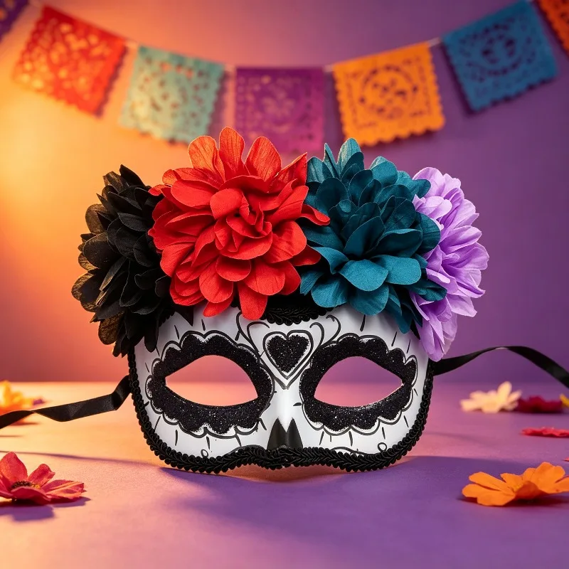 Day of The Dead Masquerade Mask with Flowers Ghost Halloween Cosplay Performance Carnival Party Mexican