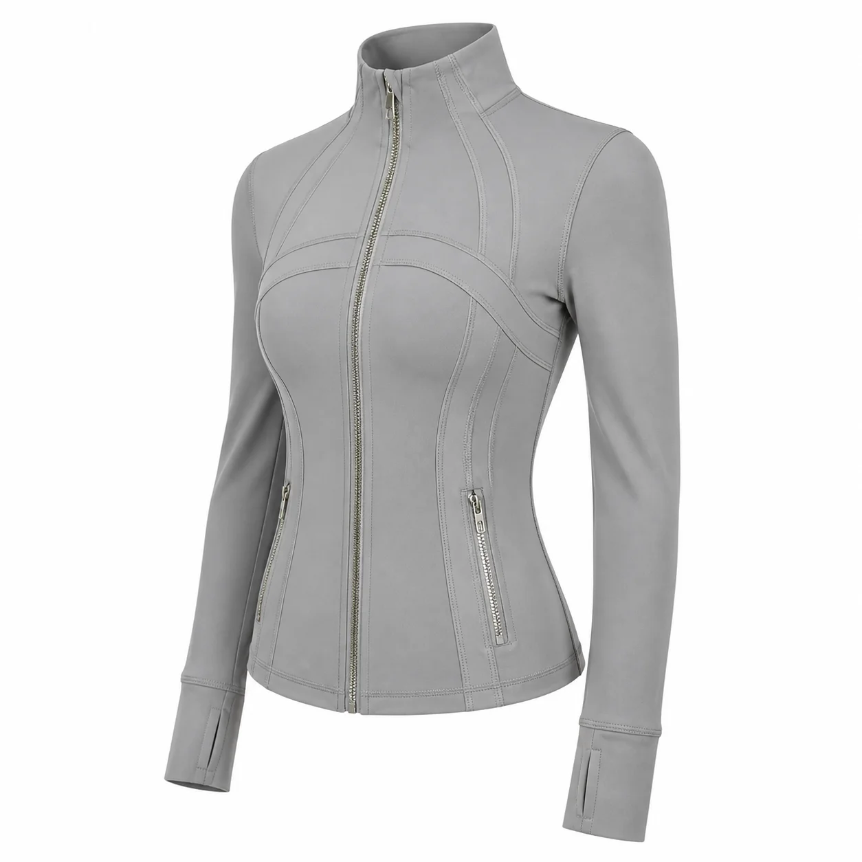 Women's Medium Gray Slim Fit Full Zip Sports Jacket Stand Collar Long Sleeve Thumbhole Workout Running Yoga Outerwear