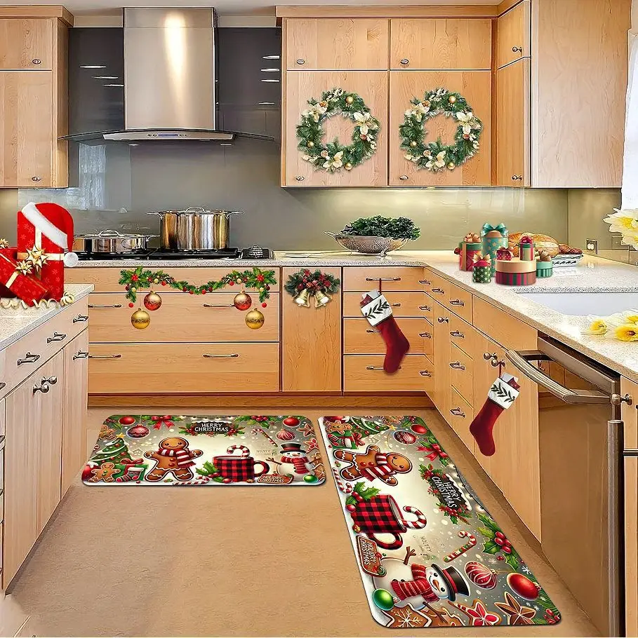 VIKAMA 1/2pcs Christmas Atmosphere Floor Mat Non-slip, Stain-resistant Bathroom Mat Kitchen Rug for Holiday Home Decor