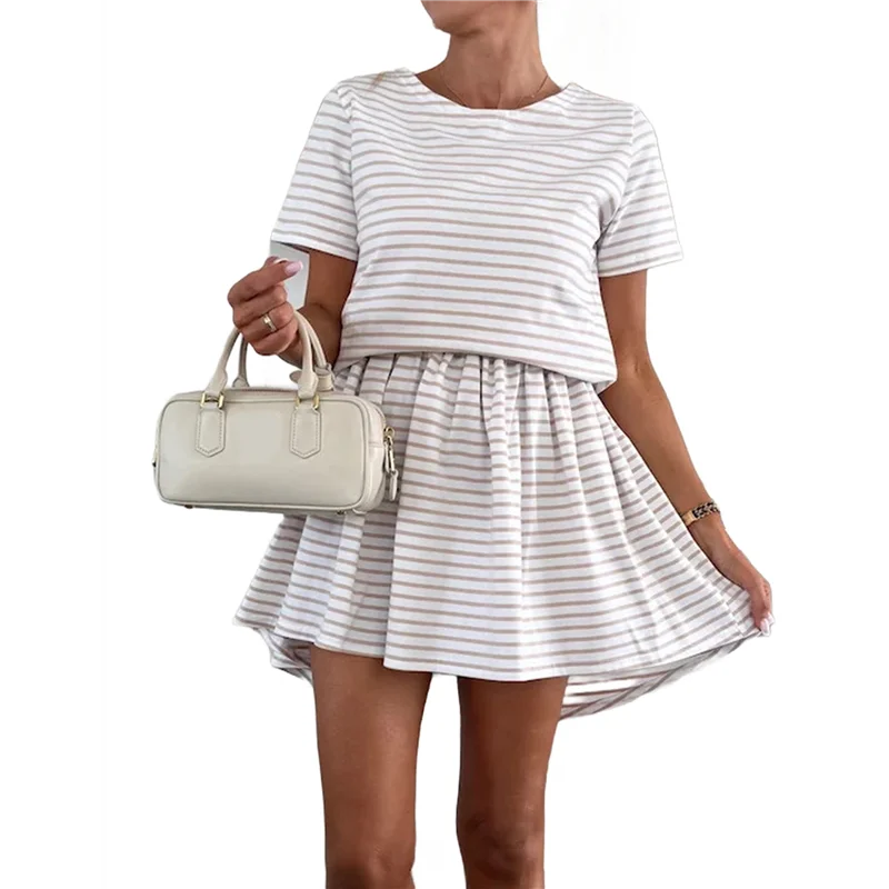 ABRT-robe d'été rayée pour femmes, col rond, manches courtes, bloc de couleurs, décontractée, ligne A, t-shirt, 2025