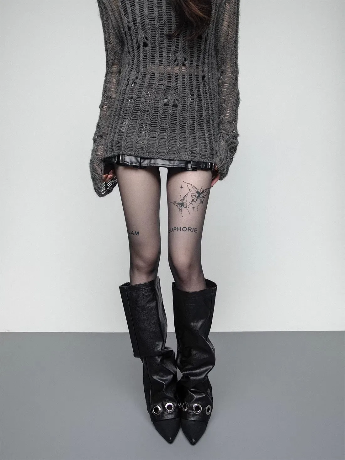 Original Silver Rivet Large Eyelet Leather Leg Warmers, Dark Street Punk Y2K Girl Style R2558 view 5