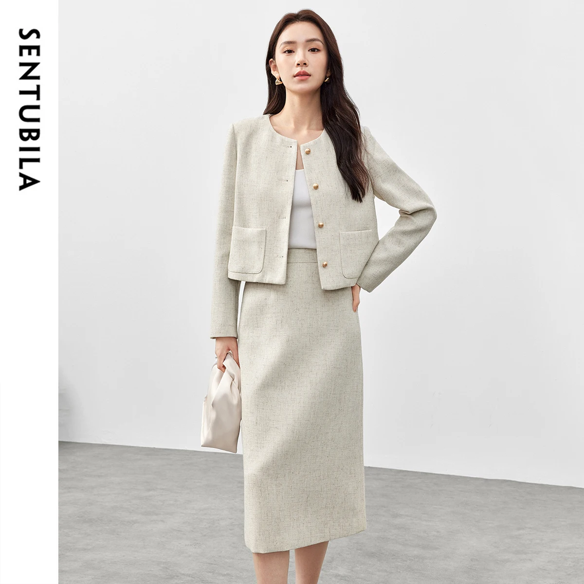 

SENTUBILA Blazer Skirt Suits Office Wear Autumn 2025 Woman Short Blazer Button Round Neck Long Sleeve Straight Skirts 151Z80047Z