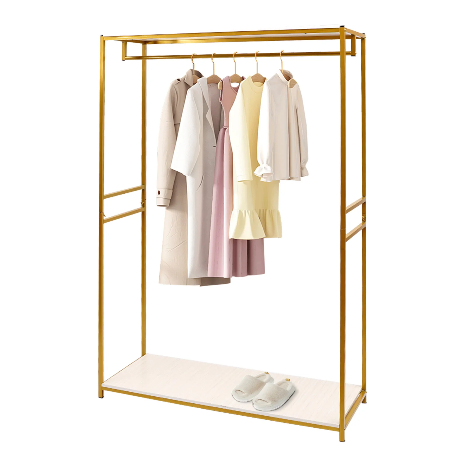 120*45*190cm Gold Clothing Display Rack Free Standing Clothing Rack with Wood Shelf Multifunctional Use