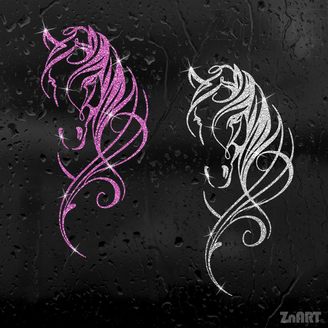 [Shining Silver and Brilliant Purple Rhyme] 2-piece Gorgeous Horse Head-shaped Creative Sequin Stickers, suitable for cars, SUVs
