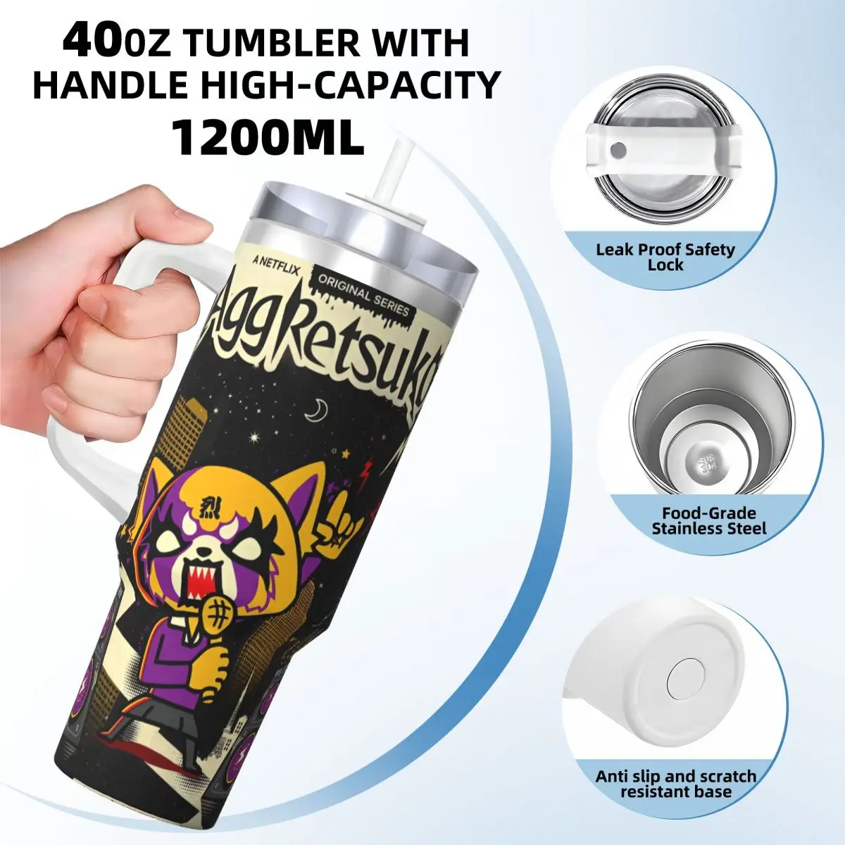 Stainless Steel Tumbler Sanrio Aggretsuko Mugs Cup With Straws Travel Cold Drink Water Bottle Portable 40oz Thermal Mug