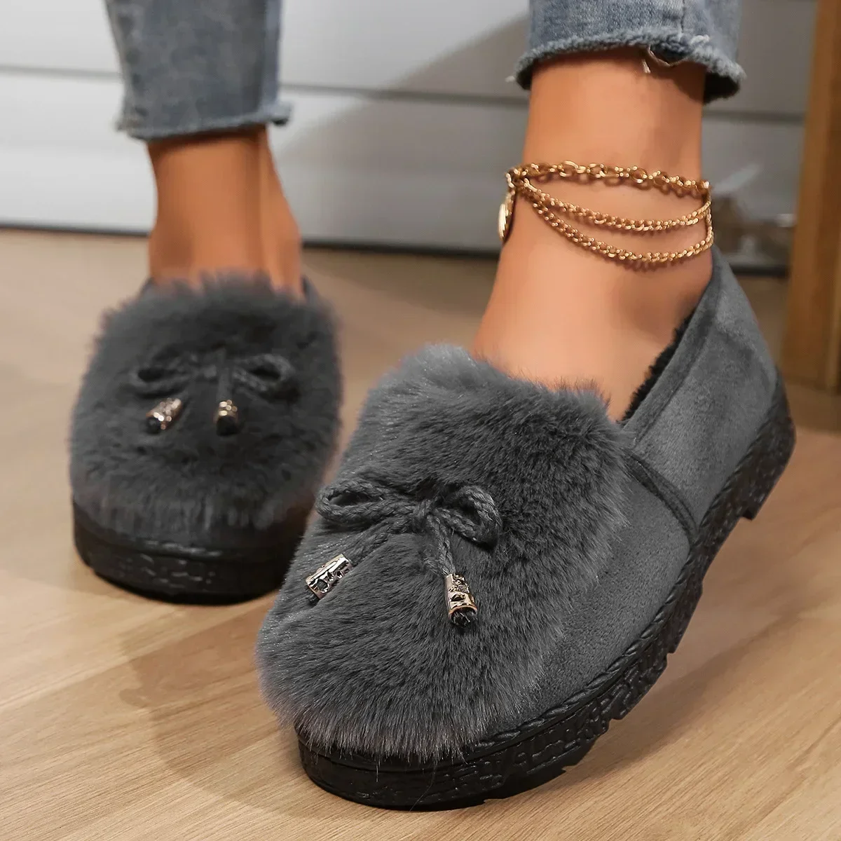 Women Fluffy Fur Snow Boots Winter Leopard Print Flat Heels Thicken Plush Cotton Padded Shoes Female Warm Ankle Botas