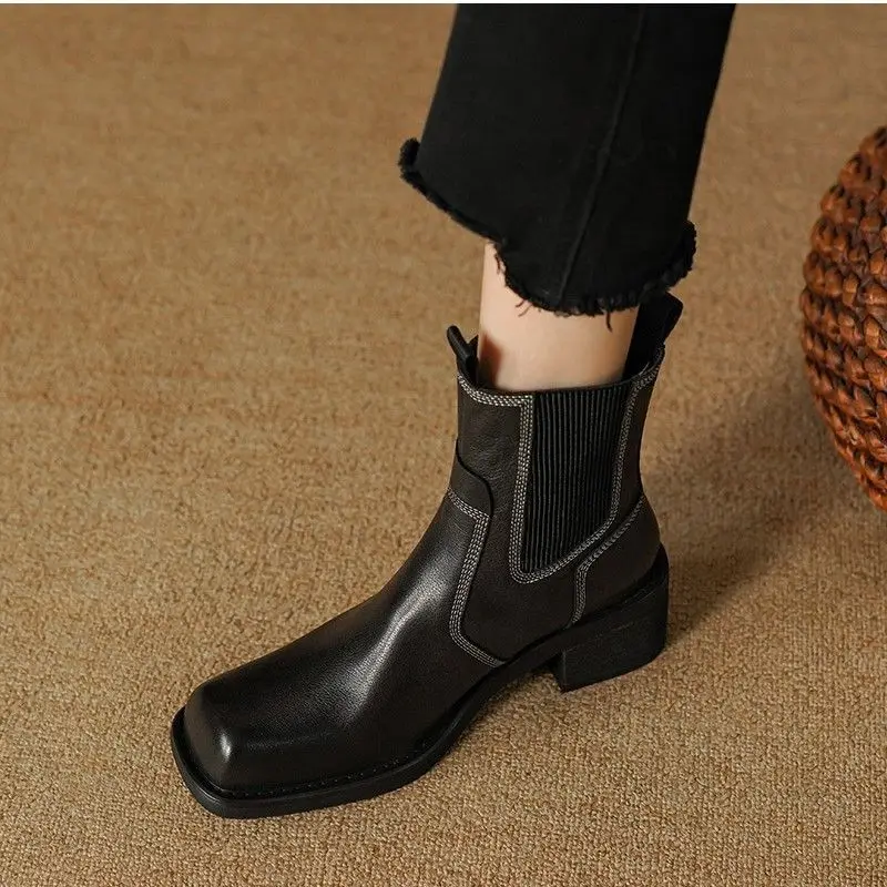 

Square Toe Cowhide Chelsea Boots Thick Heel Women Boots Retro Style Winter Shoes Woman Slip On Spring Autumn Botas Short Boots