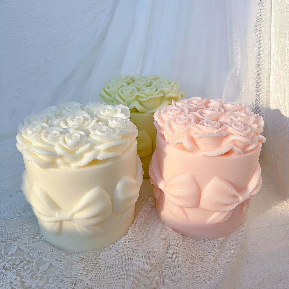 Bowknot Rose Flower Candle Mold Cylinder Rose Floral Pillar Silicone Mold Wedding Decor Valentine's Day Gift