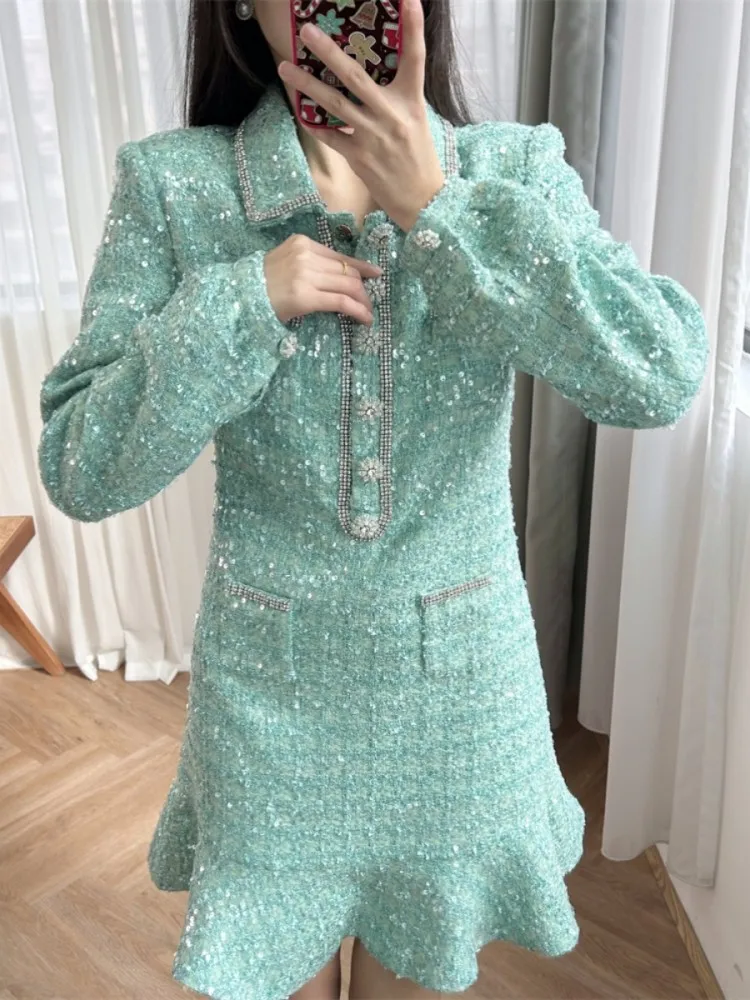 Spring New Women Long Sleeve Shiny Sequined Tweed Dress Slim Fit Elegant Ladies Party Diamonds Buttons Ruffles MIni Wrap Dress