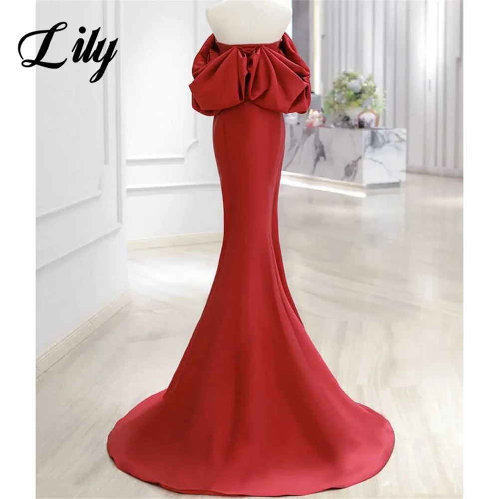 Lily Simple Red Evening Gown Trumpet Prom Dress Off The Shoulder Sleeveless Evening Dresses with Pleats Satin robes de soirée