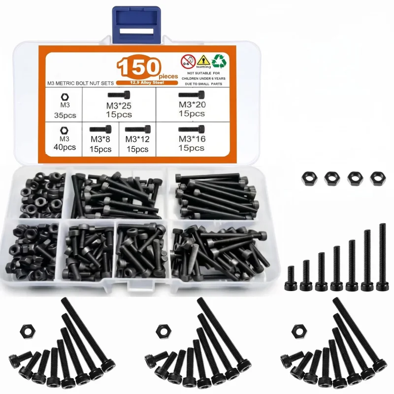 150-Piece Kit of M3 x 8mm, 12mm, 16mm, 20mm, 25mm 12.9 Grade Alloy Steel Hex Head Bolts and Nuts