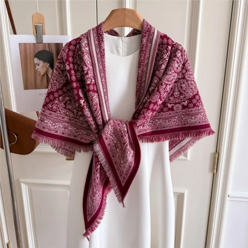 Women Vintage  Print Shawl Tassel Fringe Edge Poncho Open Front Cape Warm Imitation Cashmere Scarf Wrap Triangle Scarf Autumn