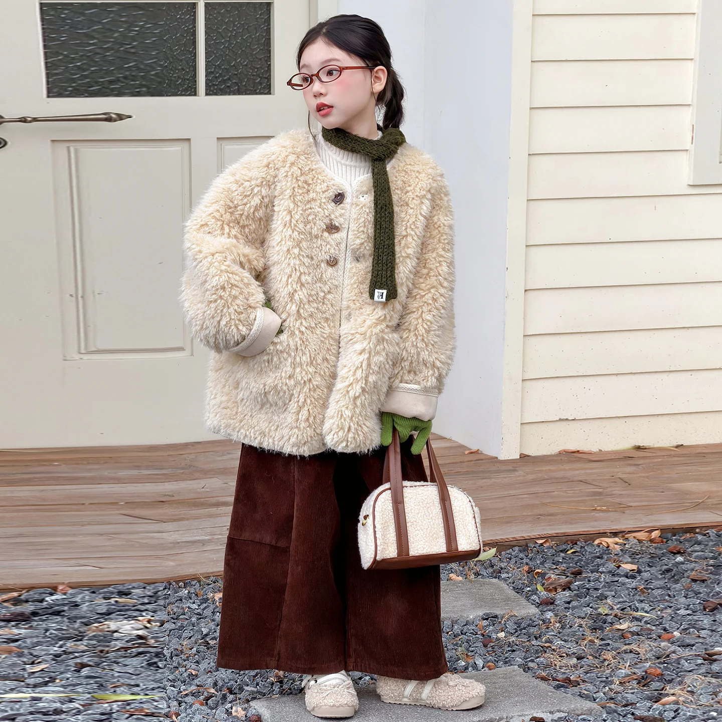 خمر مزيج الصوف معطف طويل الكورية القرن مشبك صوف الضأن معطف فتاة الشتاء زائد الصوف سميكة الفراء معطف واحد معطف فروي سن 4-14y