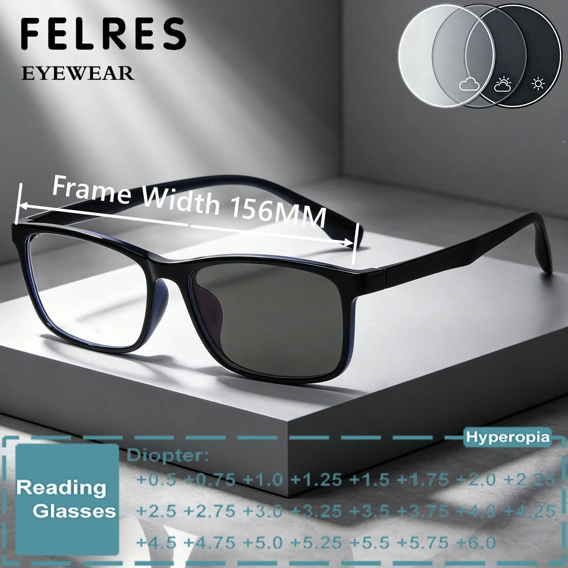 

Large Frame 156mm TR90 Square Photochromic Reading Glasses Men Women Color Changing Single Focus Prescription Presbyopic Eyewear