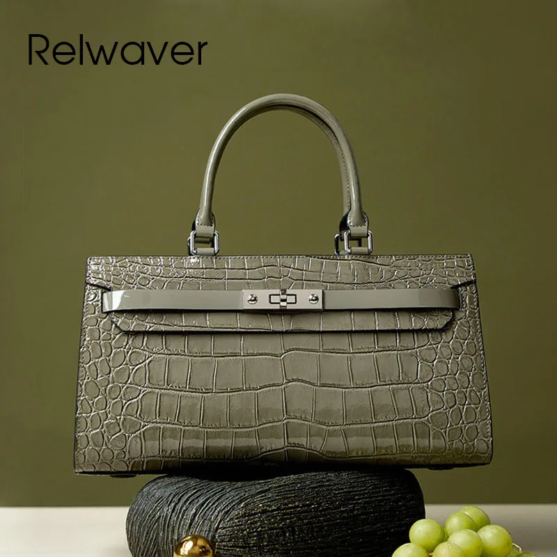 

Relwaver women handbag patent cowhide split leather shoulder bag 2024 winter mature ladies luxury crocodile pattern women bag